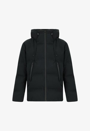 Zwart gewatteerd jack met een capuchon, voorzien van een rits aan de voorkant, twee ritszakken en verstelbare koordjes bij de capuchon. Gladde textuur.