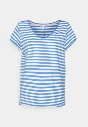 Casual shirt met korte mouwen met witte en lichtblauwe horizontale strepen en een afgeronde V-hals.