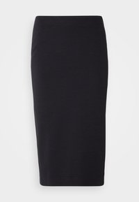 Jupe crayon noire longueur genou avec une taille ajustée et un tissu lisse et uni.