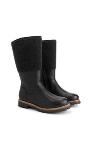 Zwarte laarzen tot halverwege de kuit met een gestructureerd wollen bovenstuk, een glad leren onderstuk, bruine accenten boven dikke, grof geprofileerde zolen, zij aan zij weergegeven.