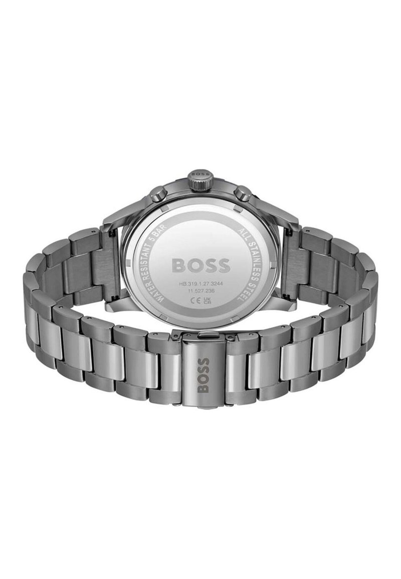 Edelstahl-Uhr mit einem silbernen Metallarmband, runder Gehäuseform und Logodetail am Verschluss. Wasserdicht, schlank und mit polierter Oberfläche.