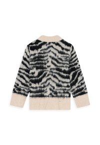 Strikjakke i beige og sort med en blød tekstur og et zebra-stribet mønster. Ribbet manchetter og krave, afslappet pasform.