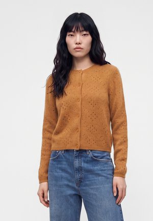 Femme aux longs cheveux noirs portant un cardigan en tricot marron boutonné et un jean bleu sur un fond blanc uni.