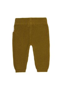 Gestreepte mosterdkleurige peuterbroek met een elastische tailleband en taps toelopende pijpen, met een label aan de linkerkant.