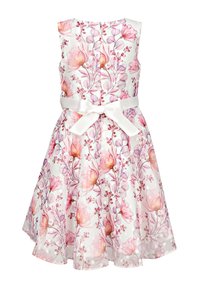 Kukkamekko, jossa valkoinen pohja ja vaaleanpunaisia sekä oransseja kukkia, vihreitä lehtiä sekä satiininen vyötärönauha ruseteilla, hihaton design.