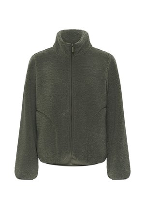 Temno zelena jakna iz flisa s polno zadrgo, visokim ovratnikom in dolgimi rokavi, zasnovana za toploto in priložnostno nošenje.