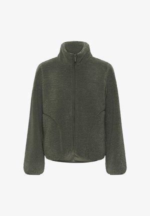 Temno zelena jakna iz flisa s polno zadrgo, visokim ovratnikom in dolgimi rokavi, zasnovana za toploto in priložnostno nošenje.