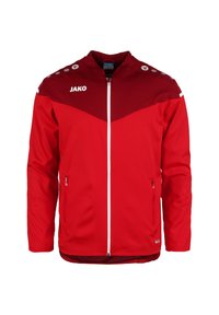 Rote sportliche Jacke mit hohem Kragen, Reißverschluss, kontrastierendem dunklerem roten Oberteil, weißen Akzenten und Seitentaschen. Mit Logo auf der Brust und der Schulter.