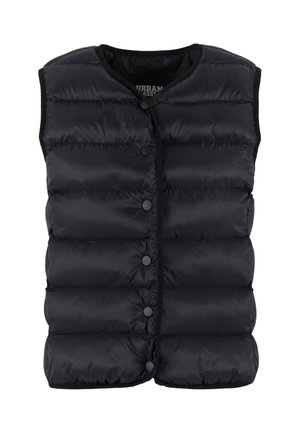 Gilet noir rembourré avec un design matelassé, comportant un col rond et des boutons-pression à l'avant le long de la patte. Texture du tissu lisse.
