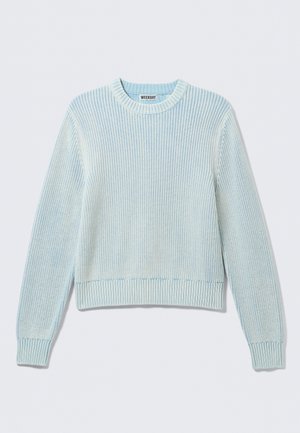 Light blue knitted crewneck sweater with long sleeves and ribbed cuffs and hem, labeled "WEEKDAY" inside collar.