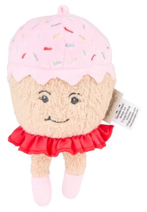 Plush cupcake toy with pink frosting and colorful sprinkles, embroidered smiling face, red ruffled skirt, and soft pink legs.
