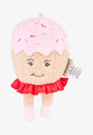 Plush cupcake toy with pink frosting and colorful sprinkles, embroidered smiling face, red ruffled skirt, and soft pink legs.