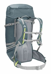 Zaino da trekking verde acqua con design strutturato, dettagli grigi, spallacci regolabili, chiusure a fibbia e schienale imbottito per maggiore comfort.