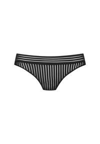 Culotte de bikini rayée noir et blanc avec une ceinture élastique douce, un tissu semi-transparent et une coupe classique.
