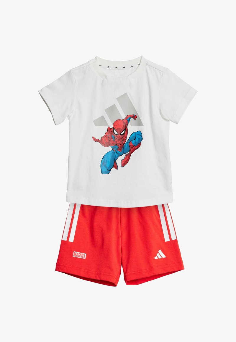 White T-shirt featuring a Spider-Man graphic, paired with red shorts accented with white Adidas stripes and a Marvel logo.