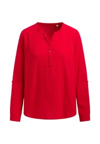 Rotes Langarmshirt mit Henley-Ausschnitt, Knopfleiste und aufgerollten Ärmeln; besticht durch eine weiche Textur und einfarbiges Design.