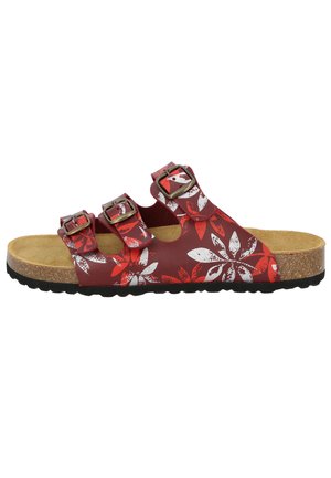 Red floral-patterned sandal with three adjustable buckles, cork footbed, and black rubber sole. Smooth material, open design, casual style.