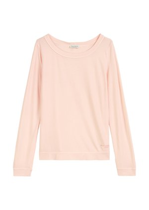 Helles rosa Langarmshirt aus weichem Stoff, mit einem runden, weit geschnittenen Ausschnitt und gerippten Bündchen, sowie einem Logo-Detail am Saum.