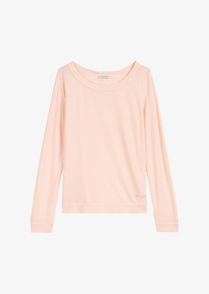 Hele roosa pika varrukaga särk, mis on valmistatud pehmest kangast, ümar ja lai kaelus ning soonikkoes mansetid, logoga detail hellel.