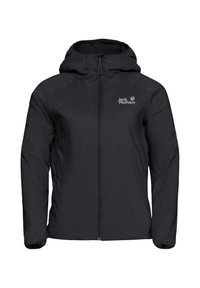 Zwarte geïsoleerde jas met een capuchon, voorzien van een rits aan de voorkant, zijzakken en een logo op de linkerkant van de borst. Glad textuur, lichtgewicht ontwerp.