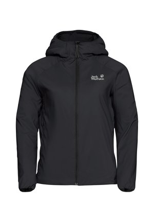 Zwarte geïsoleerde jas met een capuchon, voorzien van een rits aan de voorkant, zijzakken en een logo op de linkerkant van de borst. Glad textuur, lichtgewicht ontwerp.