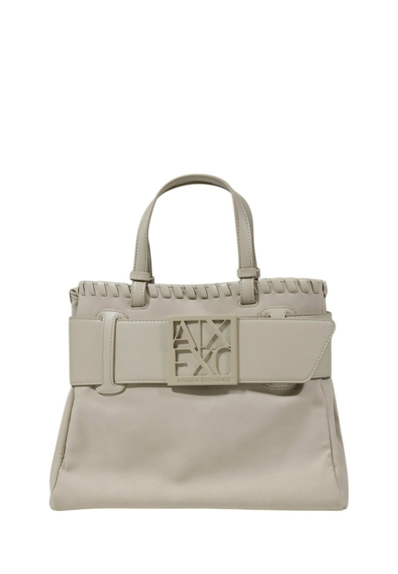 Borsa beige realizzata in materiale liscio, con una parte superiore intrecciata, una tracolla larga con logo impresso e una silhouette strutturata.