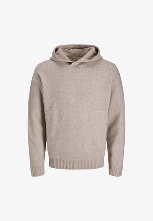 Beige knit hoodie with a relaxed fit, featuring a front pouch pocket and ribbed cuffs and hem. Soft, textured fabric for comfort.