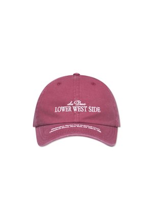 Maroon baseball cap made of cotton, featuring white embroidered text "Lower West Side." Curved brim and adjustable strap at the back.