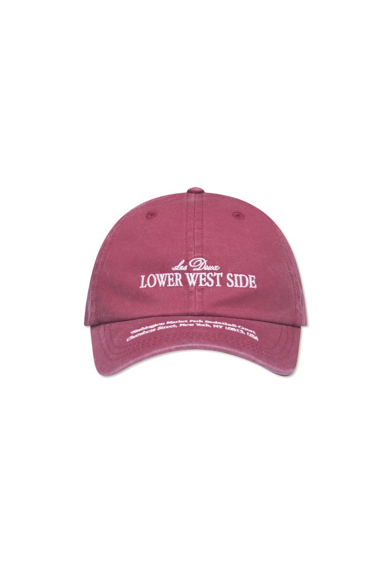 Maroon baseball cap made of cotton, featuring white embroidered text "Lower West Side." Curved brim and adjustable strap at the back.