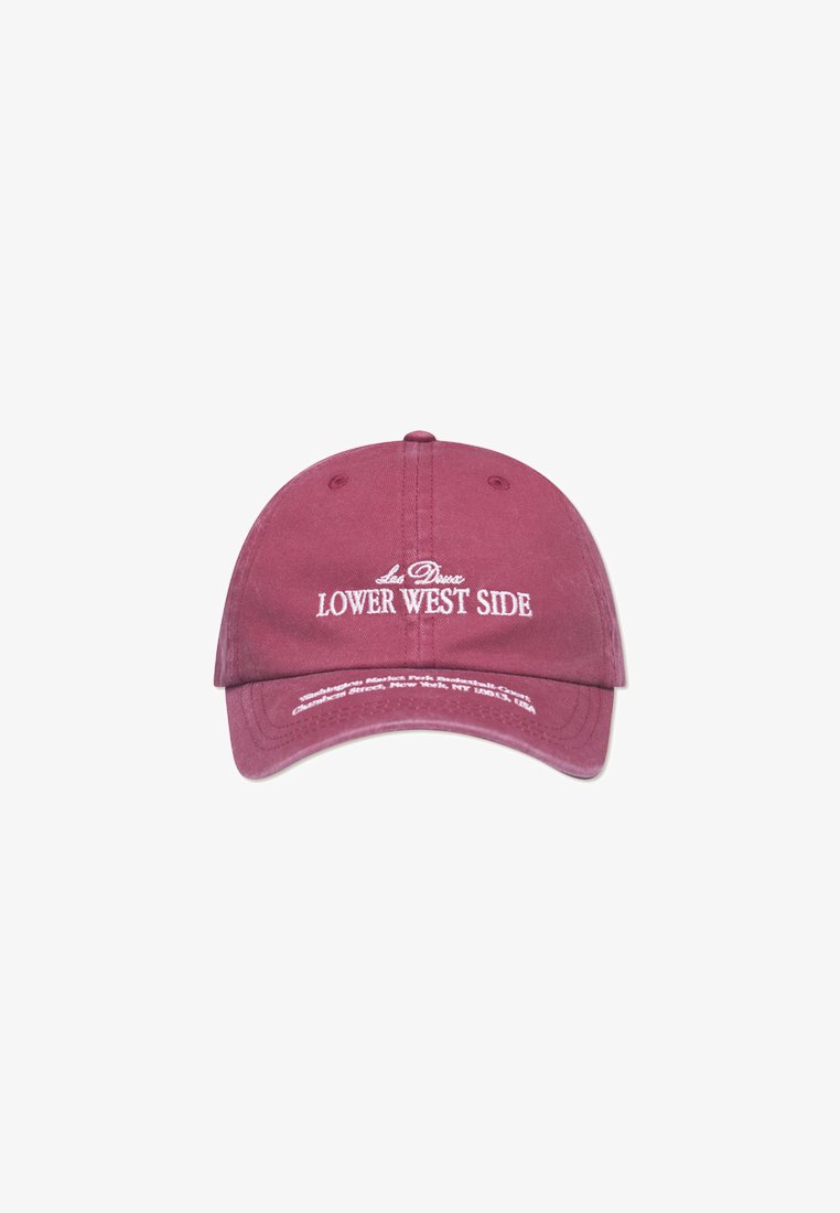 Maroon baseball cap made of cotton, featuring white embroidered text "Lower West Side." Curved brim and adjustable strap at the back.