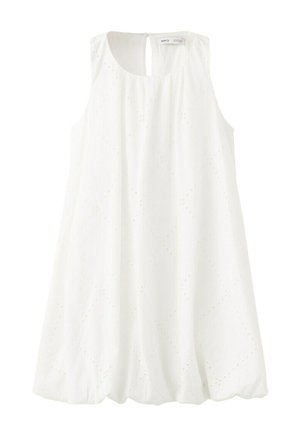 Vestido blanco sin mangas de algodón con escote redondo, sutil patrón de rombos con ojales y cierre de botón en la parte trasera del cuello.