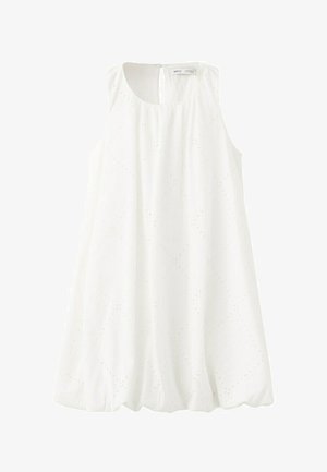 Ärmelloses weißes Baumwollkleid mit rundem Ausschnitt, dezentem Lochstick-Diamantmuster und Knopfverschluss hinten am Nacken.