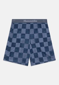 Ruudutettu sininen loungeshortsit, joissa on pehmeä rakenne, harmaa vyötärö, jossa on "Abercrombie"-logo, saatavilla eri sinisissä sävyissä.