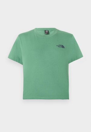 Roheline lühikeste varrukatega ümar kaelusega t-särk, millel on vasakul rinnal väike must The North Face logo.