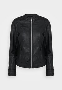 Veste en cuir noir avec fermeture éclair à l'avant, épaules matelassées et deux poches latérales. Design élégant avec une silhouette ajustée et des poignets côtelés.