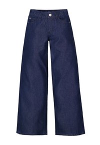 Wijdvallende denimbroeken in donkerblauw. Heeft een klassieke vijf-pocketstijl, knoopsluiting en een gladde textuur.