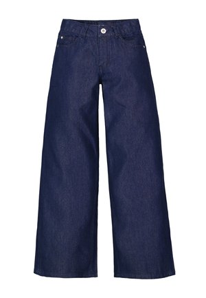Wijdvallende denimbroeken in donkerblauw. Heeft een klassieke vijf-pocketstijl, knoopsluiting en een gladde textuur.