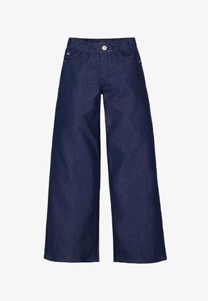 Pantalons en denim à jambes larges de couleur bleu foncé. Présente un design classique à cinq poches, fermeture à bouton et une texture lisse.