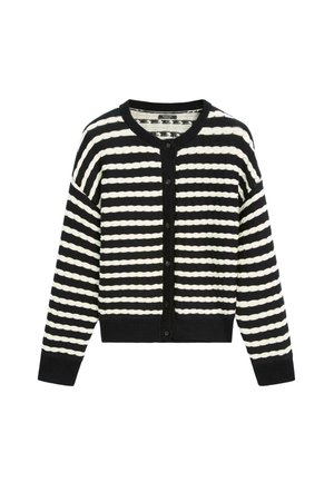 Black and white striped cardigan with round neck, long sleeves, front buttons, and textured horizontal stripes pattern.