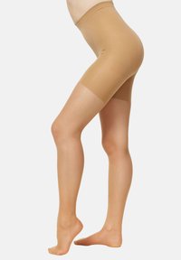 Beige, gennemsigtige strømpebukser med høj talje design, glat tekstur og forlænget ben dækning. Stoffet virker let og tætsiddende.