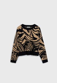 Beżowy sweter dzianinowy z czarnym abstrakcyjnym wzorem fal, okrągłym dekoltem i skróconym krojem. Posiada ribbowe mankiety i dół. Miękka tekstura.