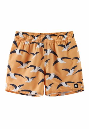 Pomarańczowe spodenki kąpielowe z czarno-białym nadrukiem latających mew i elastyczną talią.