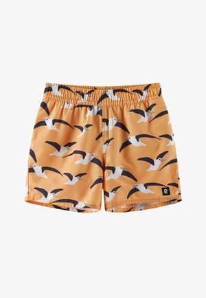 Pomarańczowe spodenki kąpielowe z czarno-białym nadrukiem latających mew i elastyczną talią.
