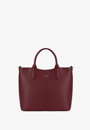 Burgundy leather handbag with short handles, minimalist design, smooth texture, and logo detail on the front. Measures approximately 30cm wide.