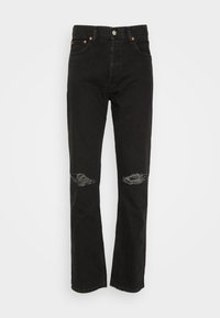 Černé denimové džíny s rovný střih, se dvěma výtrhy na kolenou, pěti kapsami a měděnými detaily. Měkká textura, klasický design.