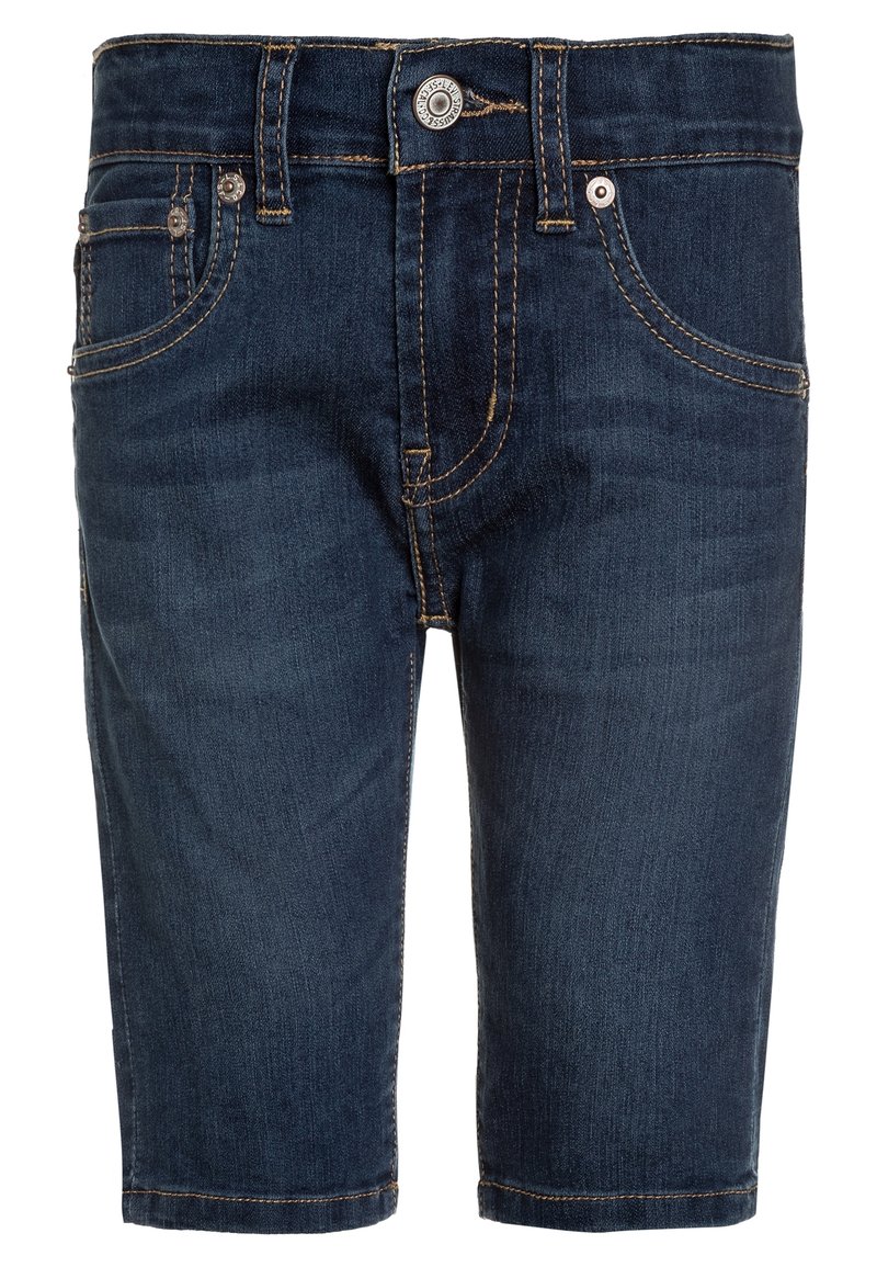 Pantalones cortos de mezclilla en azul oscuro con una textura suave, que cuentan con un cierre de botón, cinco bolsillos y costuras amarillas en contraste.