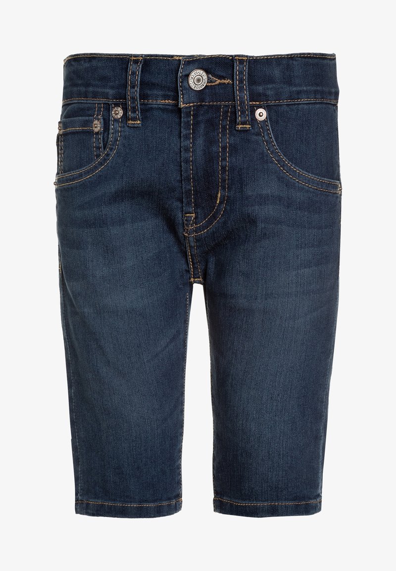 Pantalones cortos de mezclilla en azul oscuro con una textura suave, que cuentan con un cierre de botón, cinco bolsillos y costuras amarillas en contraste.