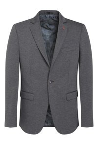 Grå blazer med en strukturerad tyg, slag, två framfickor och en enkel knappstängning. Fodrad med ett mönstrat innerfoder.