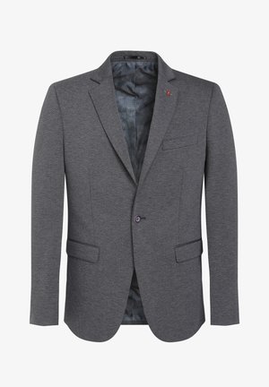 Siv blazer z v textured tkanino, z režnjenimi klapnicami, dvema sprednjima žepoma in zapiranjem z enim gumbom. Oblikovan je z vzorčasto oblogo.