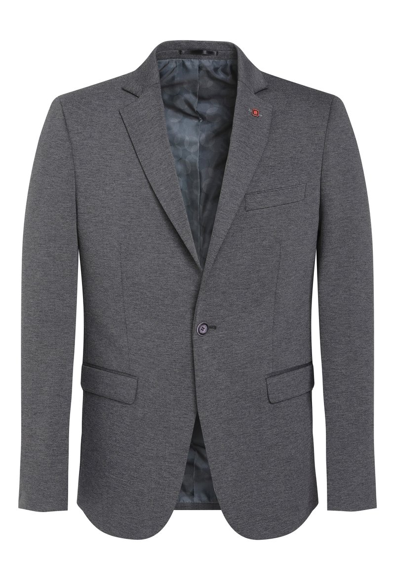 Grå blazer med en strukturerad tyg, slag, två framfickor och en enkel knappstängning. Fodrad med ett mönstrat innerfoder.